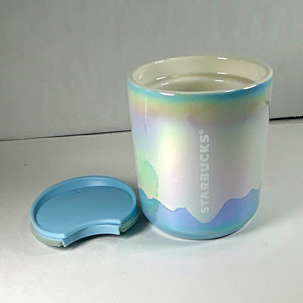 Starbucks oz Ceramic Coffee Mug w/ Lid Iridescent Blue Abstract